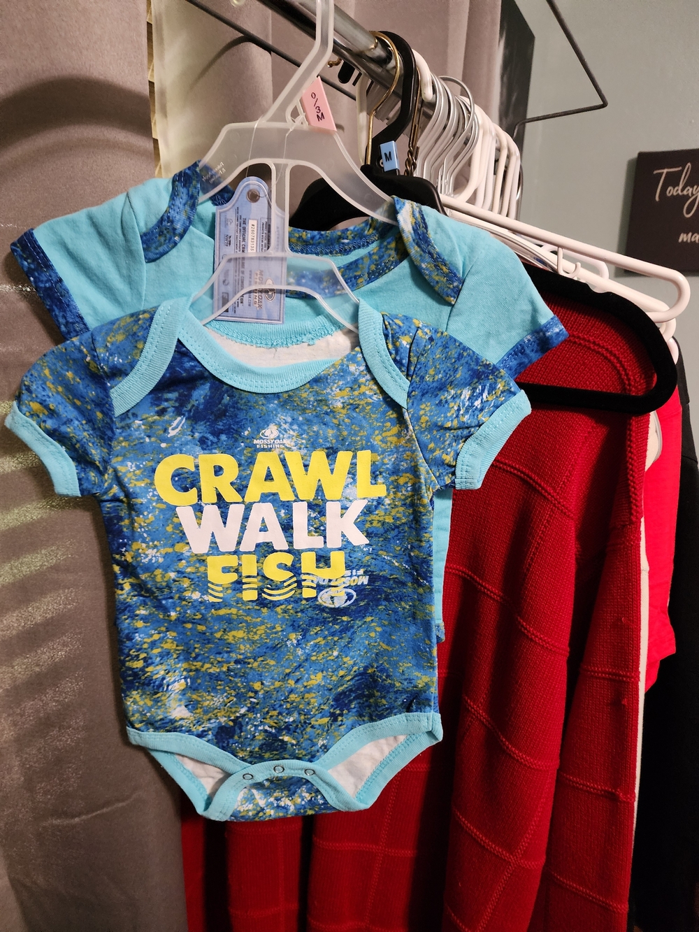 Mossy Oak Blue & Teal Baby One-Piece Bodysuit - "Crawl Walk Fish"